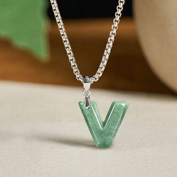 Buddha Stones Natural A-Z Letter Jade Titanium Steel Chain 925 Sterling Silver Chain Prosperity Necklace Pendant - V - Titanium Steel Chain(One Pendant) - image 29