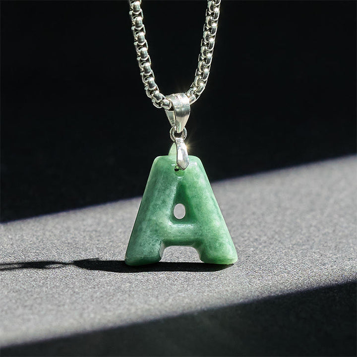 Buddha Stones Natural A-Z Letter Jade Titanium Steel Wide Chain Prosperity Necklace Pendant - image 2