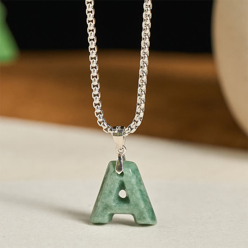 Buddha Stones Natural A-Z Letter Jade Titanium Steel Wide Chain Prosperity Necklace Pendant - T - image 1