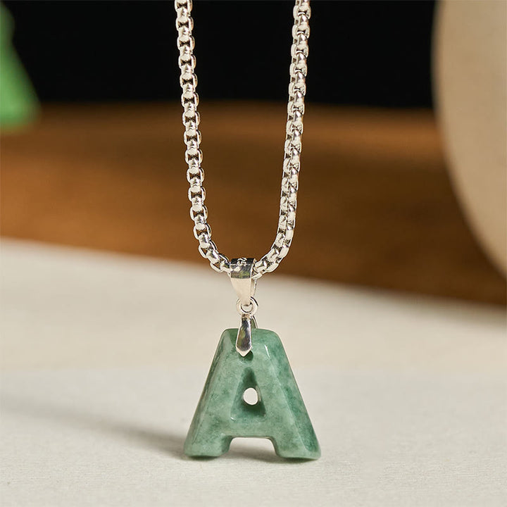 Buddha Stones Natural A-Z Letter Jade Titanium Steel Wide Chain Prosperity Necklace Pendant - T - image 1