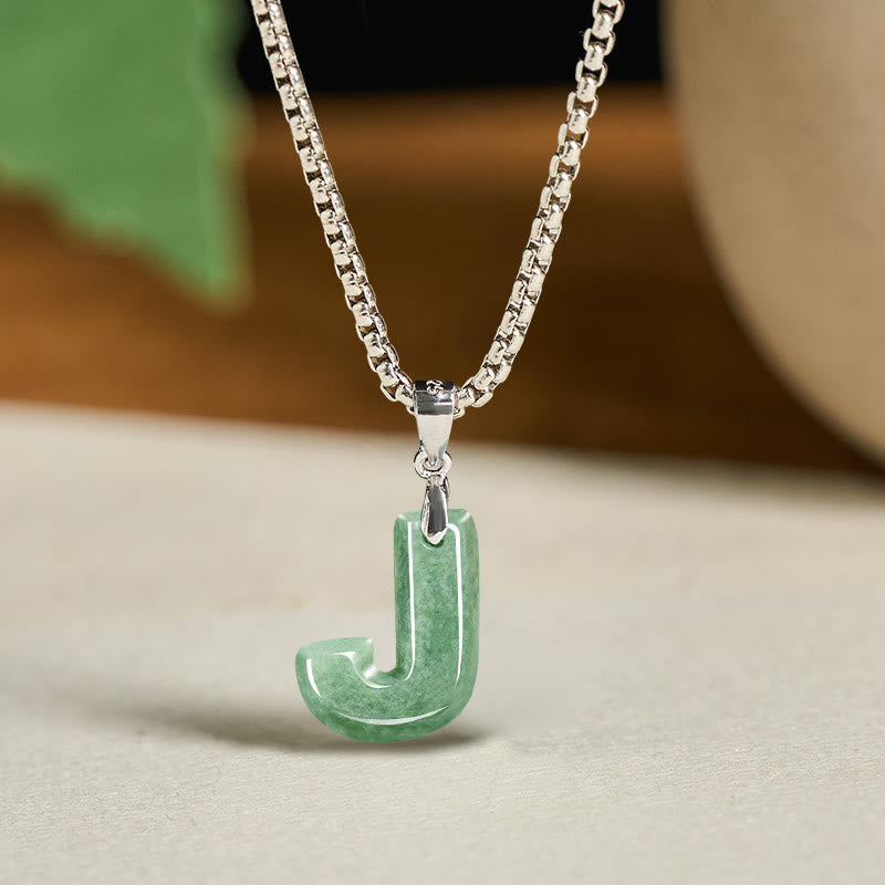 Buddha Stones Natural A-Z Letter Jade Titanium Steel Chain 925 Sterling Silver Chain Prosperity Necklace Pendant - J - Titanium Steel Chain(One Pendant) - image 17