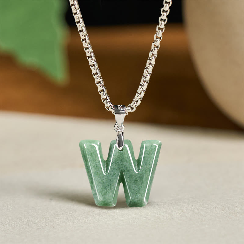 Buddha Stones Natural A-Z Letter Jade Titanium Steel Chain 925 Sterling Silver Chain Prosperity Necklace Pendant - W - Titanium Steel Chain(One Pendant) - image 30