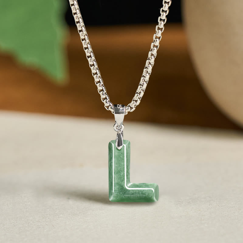Buddha Stones Natural A-Z Letter Jade Titanium Steel Chain 925 Sterling Silver Chain Prosperity Necklace Pendant - L - Titanium Steel Chain(One Pendant) - image 19