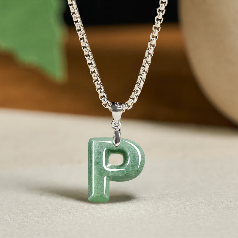 Buddha Stones Natural A-Z Letter Jade Titanium Steel Wide Chain Prosperity Necklace Pendant - image 24