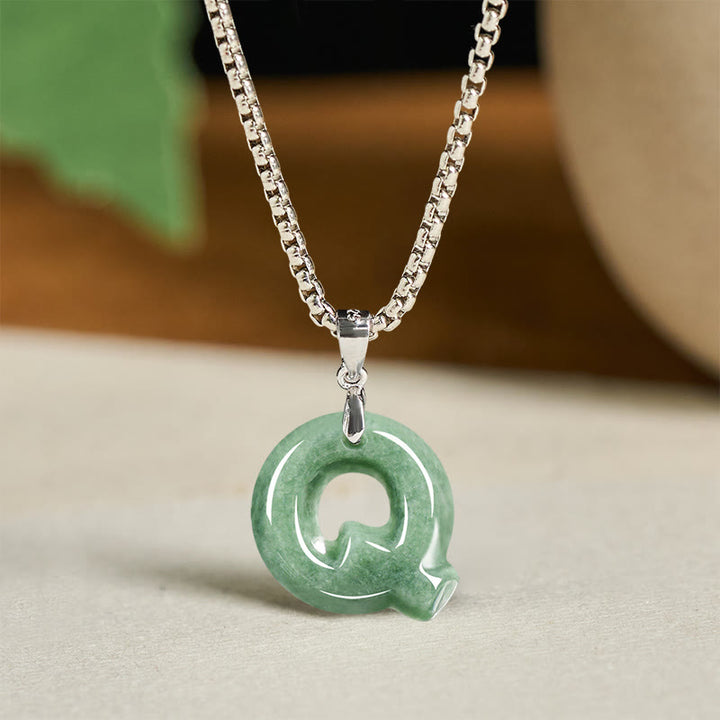 Buddha Stones Natural A-Z Letter Jade Titanium Steel Chain 925 Sterling Silver Chain Prosperity Necklace Pendant - Q - Titanium Steel Chain(One Pendant) - image 24