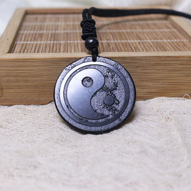 Buddha Stones Natural Authentic Shungite Stone Carved Yin Yang Protection Necklace Pendant - Shungite Stone(Protection ♥ Grounding) - 35-40mm - image 0