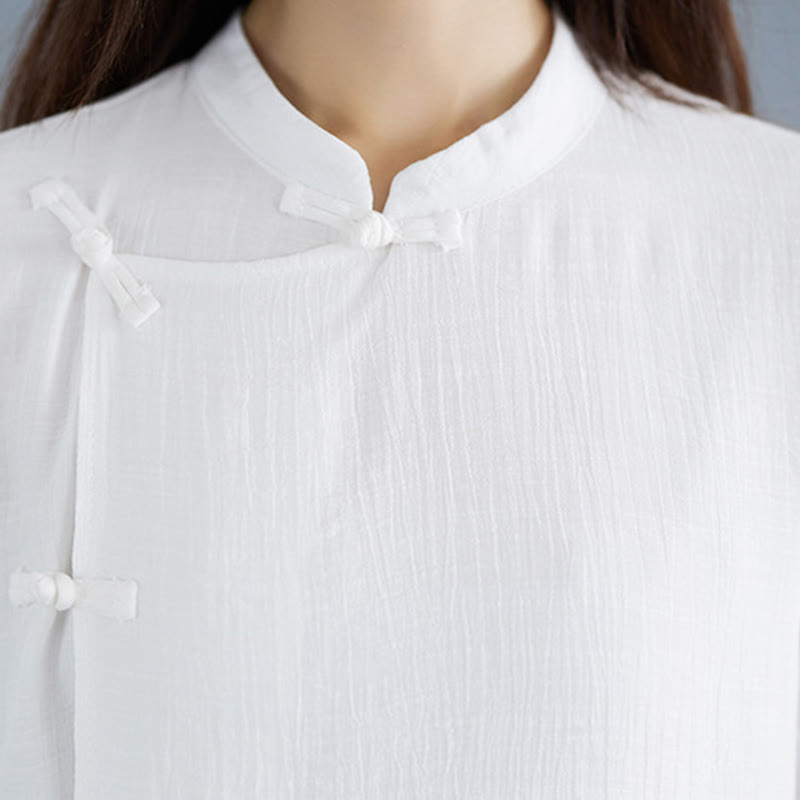 Buddha Stones 2Pcs Solid Color White Frog-Button Three Quarter Sleeve Shirt Wide Leg Pants Meditation Zen Clothing Women's Set - image 10