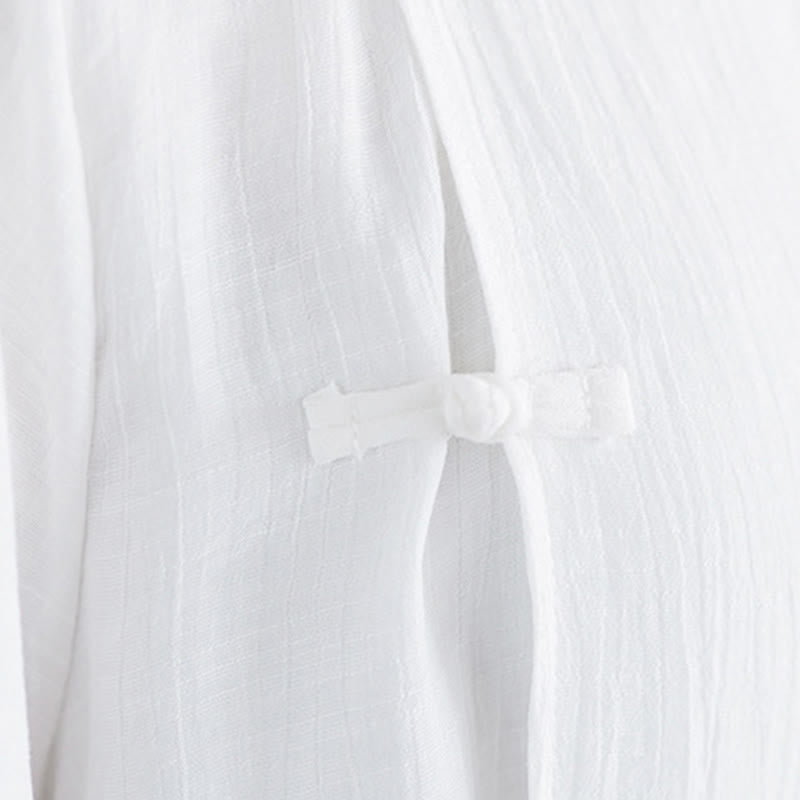 Buddha Stones 2Pcs Solid Color White Frog-Button Three Quarter Sleeve Shirt Wide Leg Pants Meditation Zen Clothing Women's Set - image 12