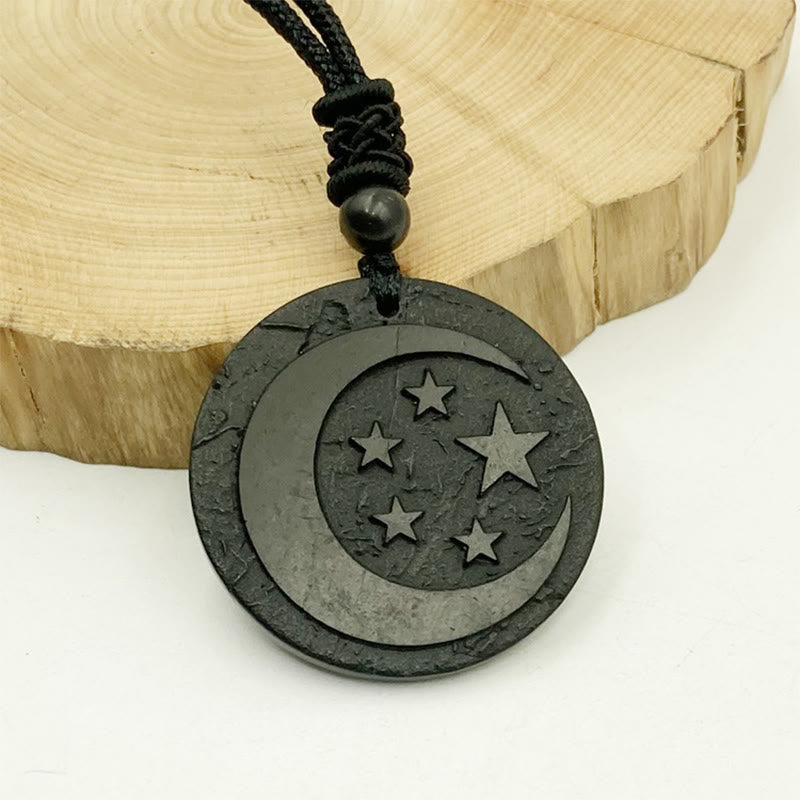 Buddha Stones Moon Star Round Design Authentic Shungite Stone Protection Necklace Pendant - Shungite Stone(Protection ♥ Grounding) - 35-40mm - image 0
