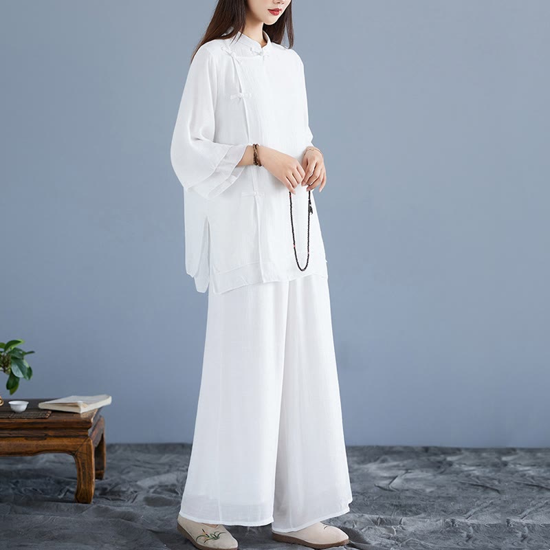 Buddha Stones 2Pcs Solid Color White Frog-Button Three Quarter Sleeve Shirt Wide Leg Pants Meditation Zen Clothing Women's Set - image 2