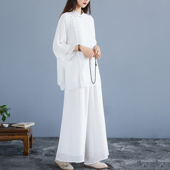 Buddha Stones 2Pcs Solid Color White Frog-Button Three Quarter Sleeve Shirt Wide Leg Pants Meditation Zen Clothing Women's Set - image 2