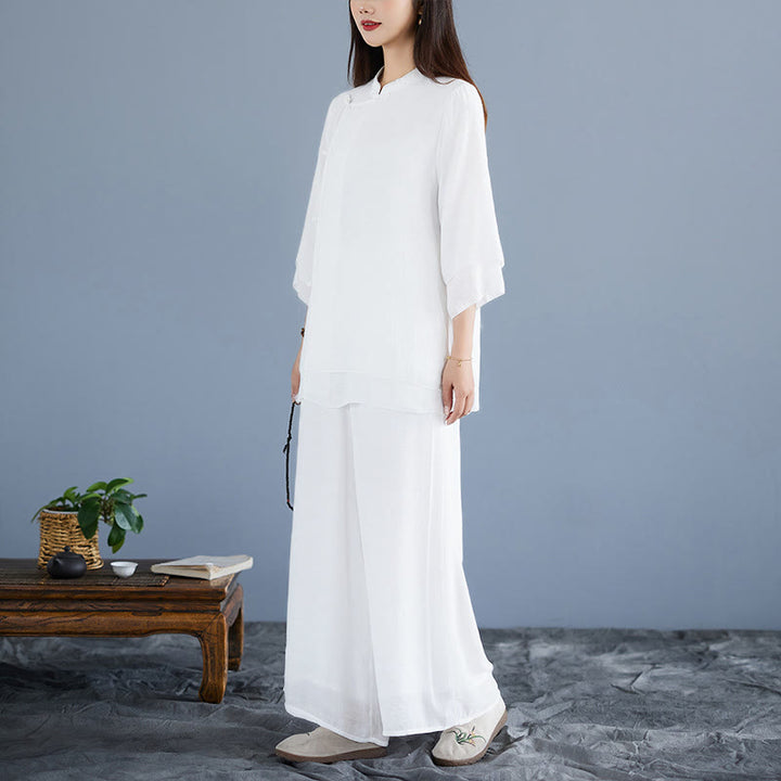 Buddha Stones 2Pcs Solid Color White Frog-Button Three Quarter Sleeve Shirt Wide Leg Pants Meditation Zen Clothing Women's Set - image 4