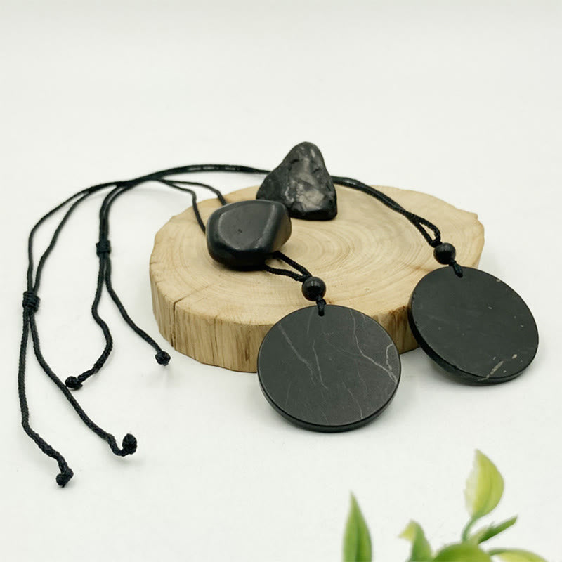 Buddha Stones Circle Simple Design Authentic Shungite Stone Protection Necklace Pendant - Shungite Stone(Protection ♥ Grounding) - 35-40mm - image 1