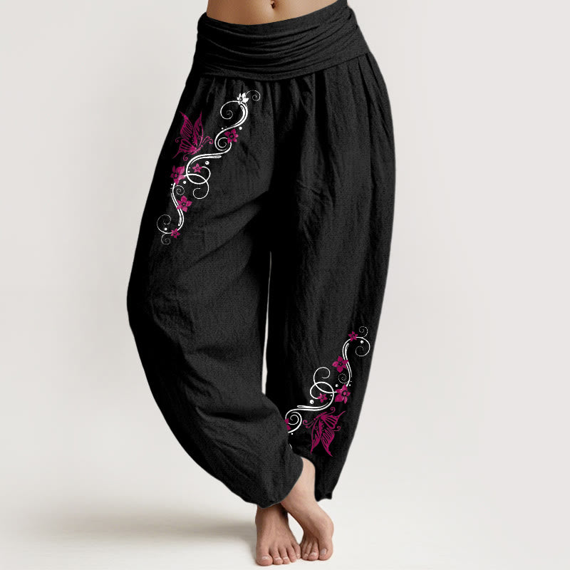 Buddha Stones Pure Cotton Softly Colored Butterfly Flower Vine Pattern Women's Elastic Waist Harem Pants - Black - US16，UK/AU20，EU48 (3XL) - image 0