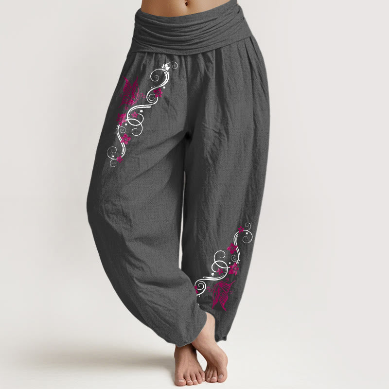 Buddha Stones Pure Cotton Softly Colored Butterfly Flower Vine Pattern Women's Elastic Waist Harem Pants - DimGray - US16，UK/AU20，EU48 (3XL) - image 8