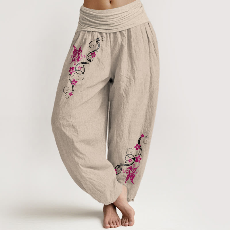 Buddha Stones Pure Cotton Softly Colored Butterfly Flower Vine Pattern Women's Elastic Waist Harem Pants - Tan - US16，UK/AU20，EU48 (3XL) - image 11