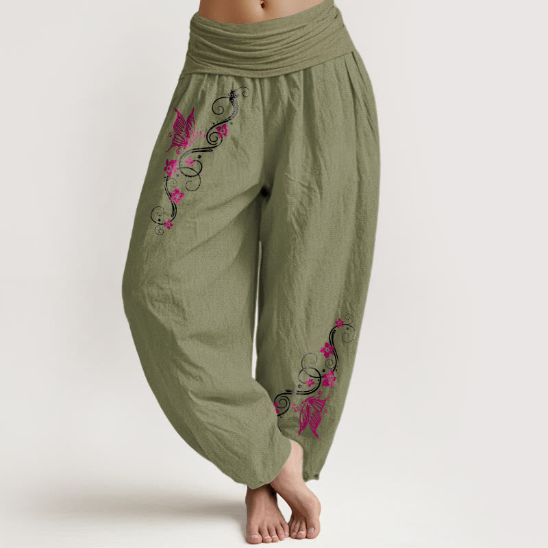 Buddha Stones Pure Cotton Softly Colored Butterfly Flower Vine Pattern Women's Elastic Waist Harem Pants - OliveDrab - US16，UK/AU20，EU48 (3XL) - image 14