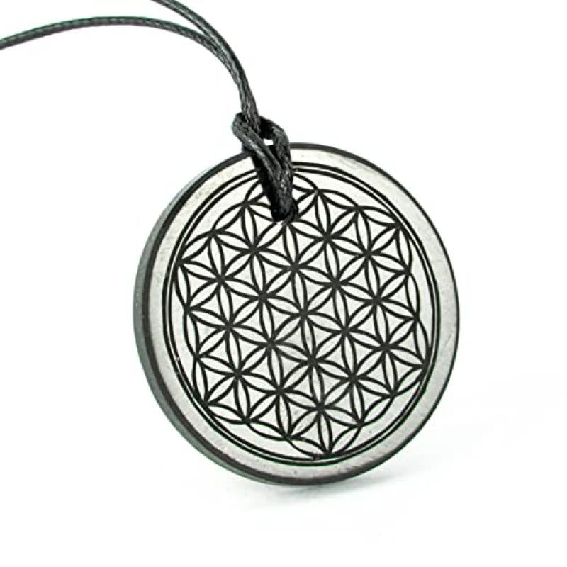 Buddha Stones Flower of Life Carving Design Authentic Shungite Stone Protection Necklace Pendant - image 0
