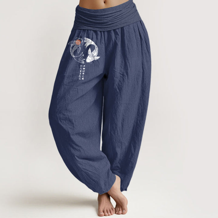 Buddha Stones Pure Cotton Koi Fish Pattern Women's Elastic Waist Harem Pants - DarkSlateBlue - US16，UK/AU20，EU48 (3XL) - image 8