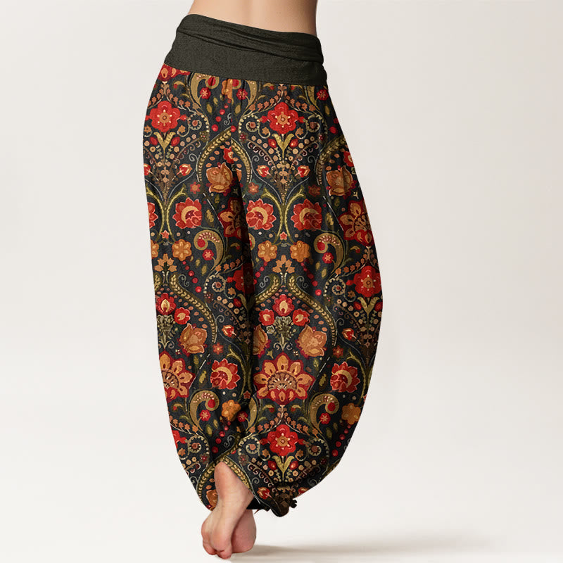 Buddha Stones Cotton Colorful Flower Leaf Scroll Pattern Women's Elastic Waist Harem Pants - image 1