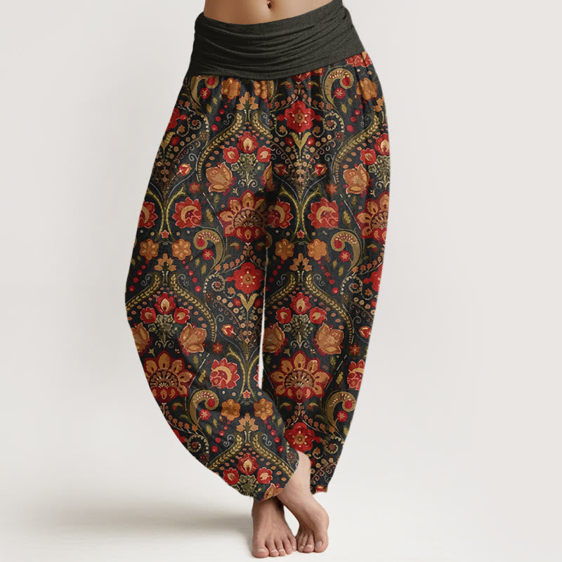 Buddha Stones Cotton Colorful Flower Leaf Scroll Pattern Women's Elastic Waist Harem Pants - Black - US16，UK/AU20，EU48 (3XL) - image 0
