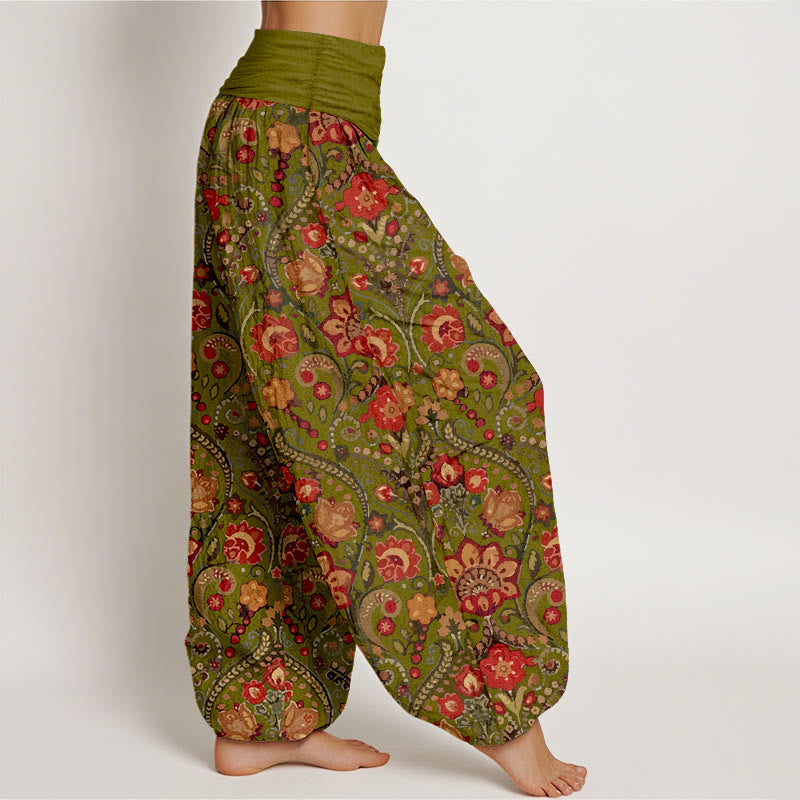 Buddha Stones Cotton Colorful Flower Leaf Scroll Pattern Women's Elastic Waist Harem Pants - image 7
