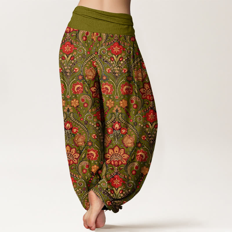 Buddha Stones Cotton Colorful Flower Leaf Scroll Pattern Women's Elastic Waist Harem Pants - image 6