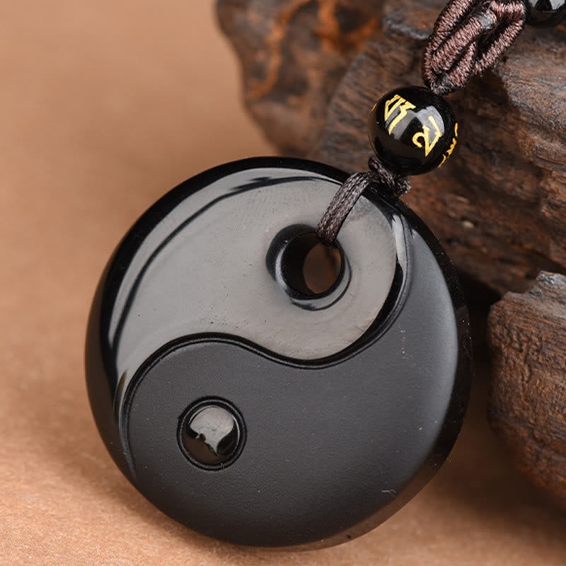 Buddha Stones Yin Yang Symbol Om Mani Padme Hum Black Obsidian Strength Necklace Pendant - image 1