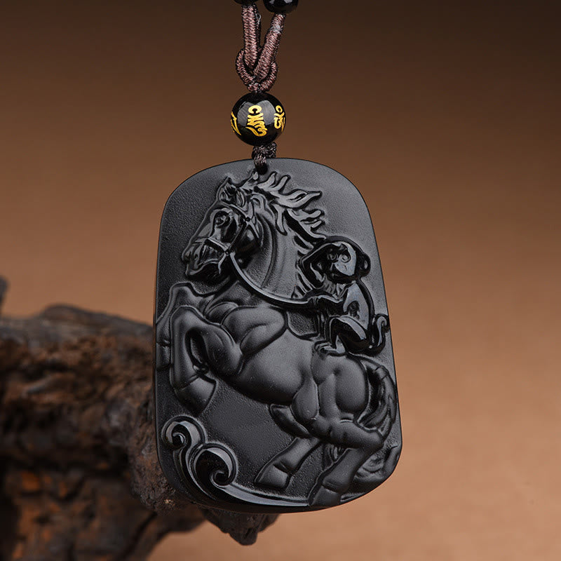 Buddha Stones Year of the Horse Monkey Design Black Obsidian Purification Necklace Pendant - Horse&Monkey&Six True Words - image 9