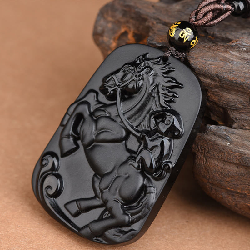 Buddha Stones Year of the Horse Monkey Pattern Om Mani Padme Hum Black Obsidian Strength Necklace Pendant - image 1