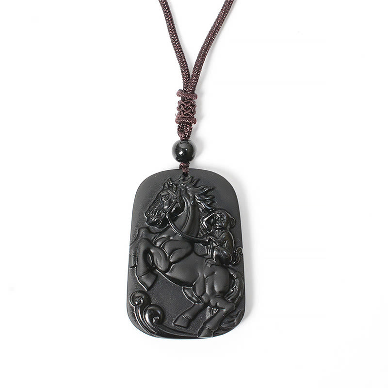 Buddha Stones Year of the Horse Monkey Design Black Obsidian Purification Necklace Pendant - image 6