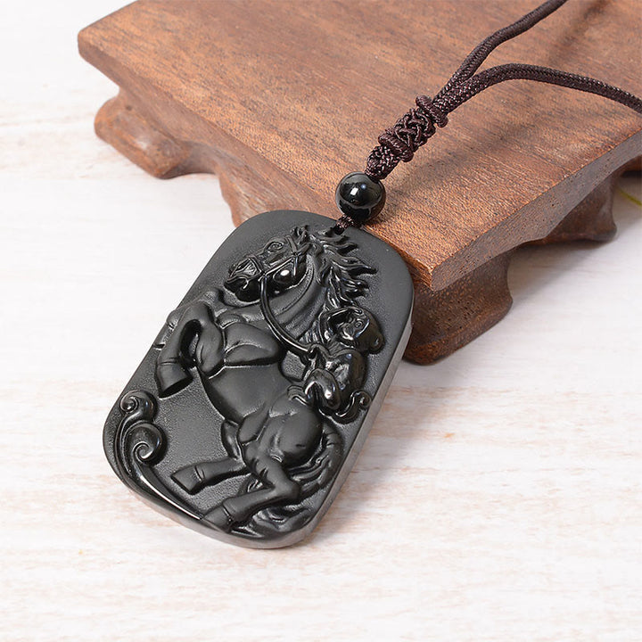 Buddha Stones Year of the Horse Monkey Design Black Obsidian Purification Necklace Pendant - image 3