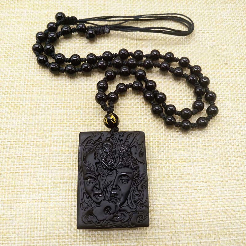 Buddha Stones Half Demon Half Buddha Relief Design Black Obsidian Strength Necklace Pendant - image 3