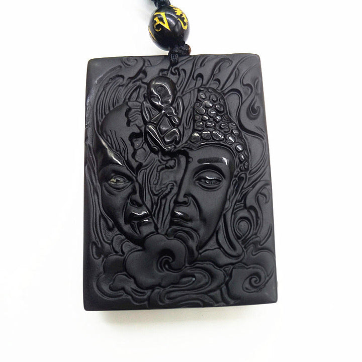 Buddha Stones Half Demon Half Buddha Relief Design Black Obsidian Strength Necklace Pendant - image 5