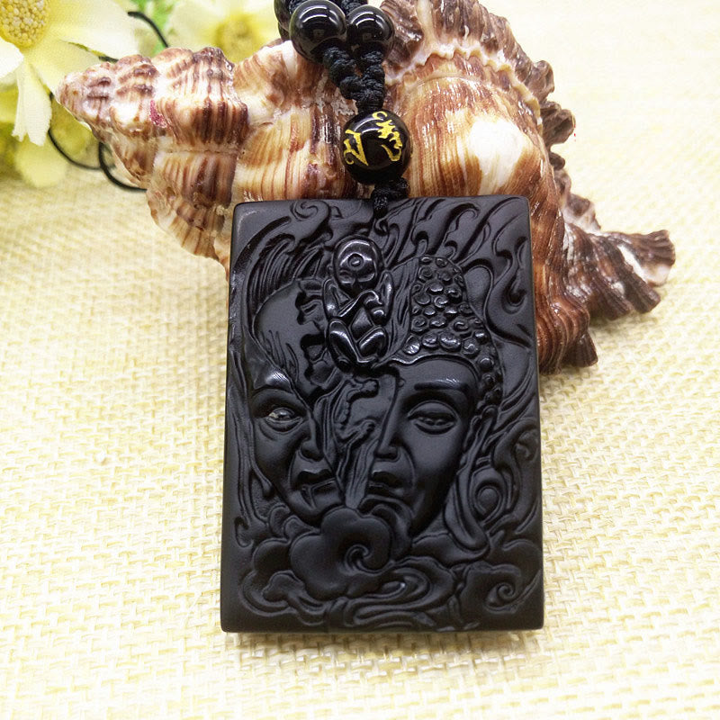 Buddha Stones Half Demon Half Buddha Relief Design Black Obsidian Strength Necklace Pendant - Half Demon Half Buddha(Size: 47*38mm) - image 0