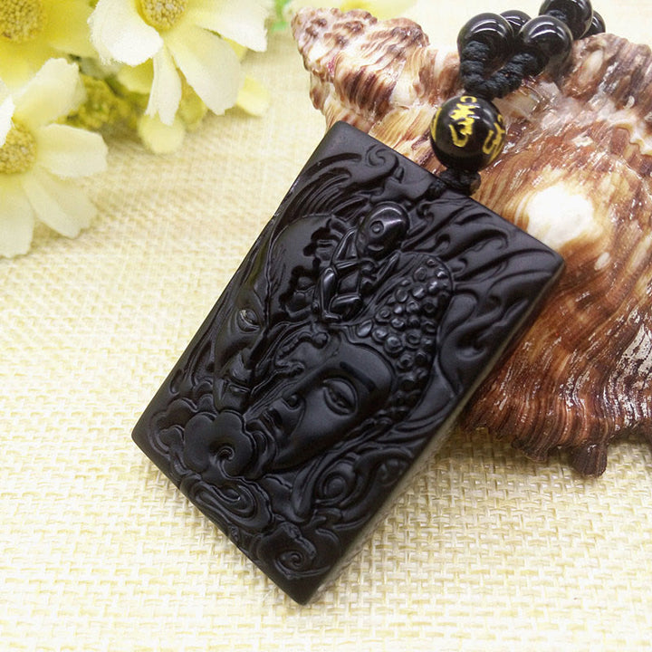 Buddha Stones Half Demon Half Buddha Relief Design Black Obsidian Strength Necklace Pendant - image 1