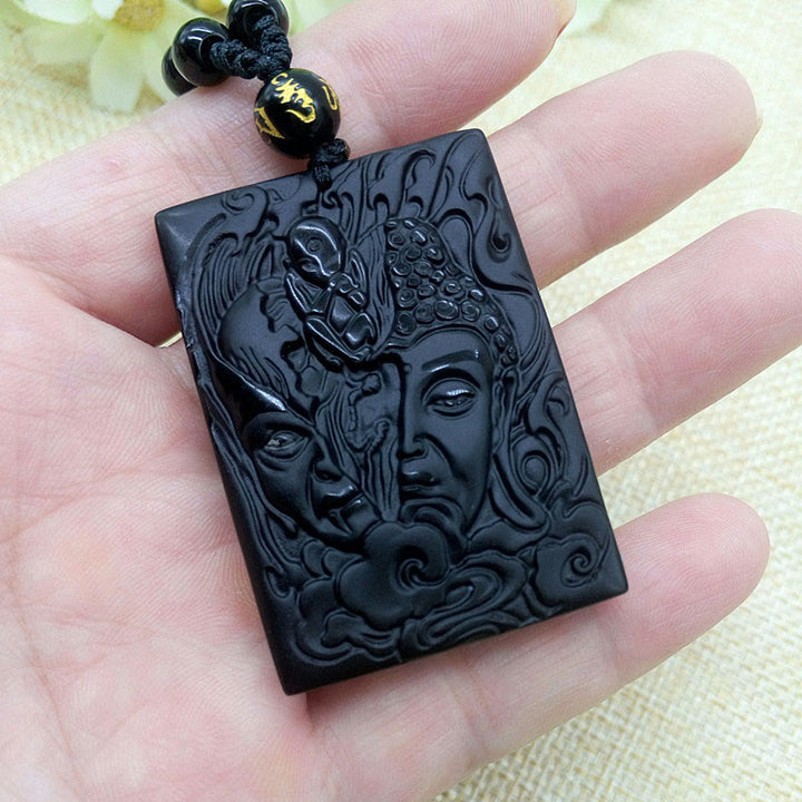 Buddha Stones Half Demon Half Buddha Relief Design Black Obsidian Strength Necklace Pendant - image 4