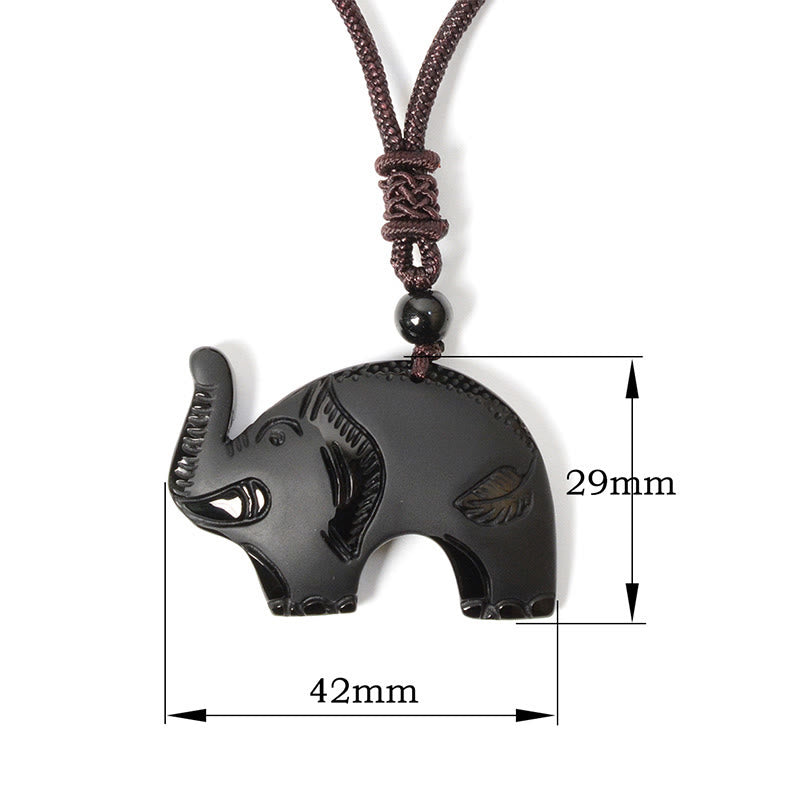 Buddha Stones Elephant Symbol Carved Design Black Obsidian Strength Necklace Pendant - Black Obsidian(Pendant Size: 29*42mm) - image 1