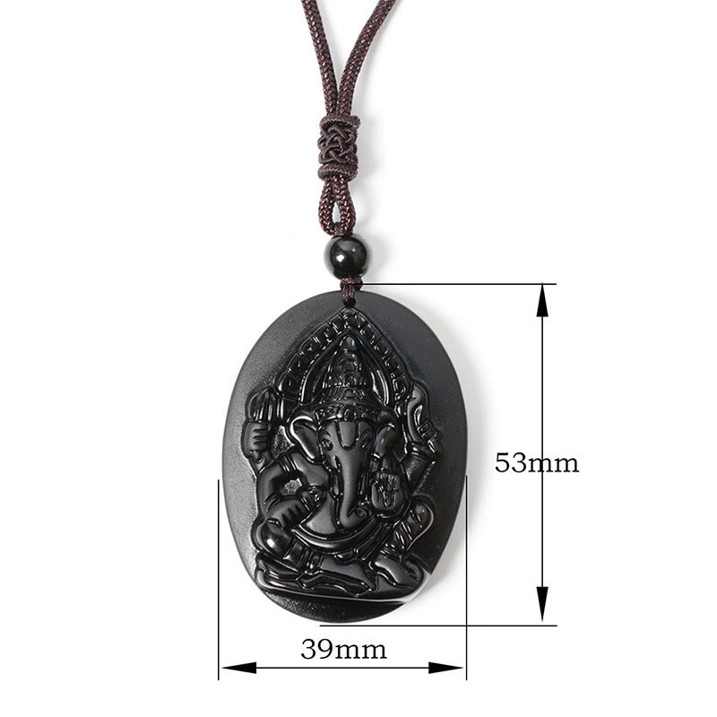 Buddha Stones Ganesh Elephant Relief Design Natural Black Obsidian Strength Necklace Pendant - Black Obsidian(Pendant Size: 53*39mm) - image 1