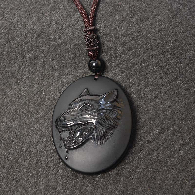 Buddha Stones Wolf Head Natural Black Obsidian Strength Necklace Pendant - image 0