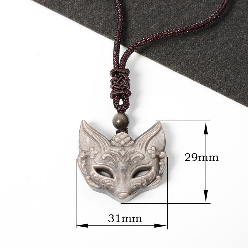 Buddha Stones Relief Fox Design Silver Sheen Obsidian Ice Obsidian Protection Necklace Pendant - Silver Sheen Obsidian(Pendant Size: 29*31mm) - image 1