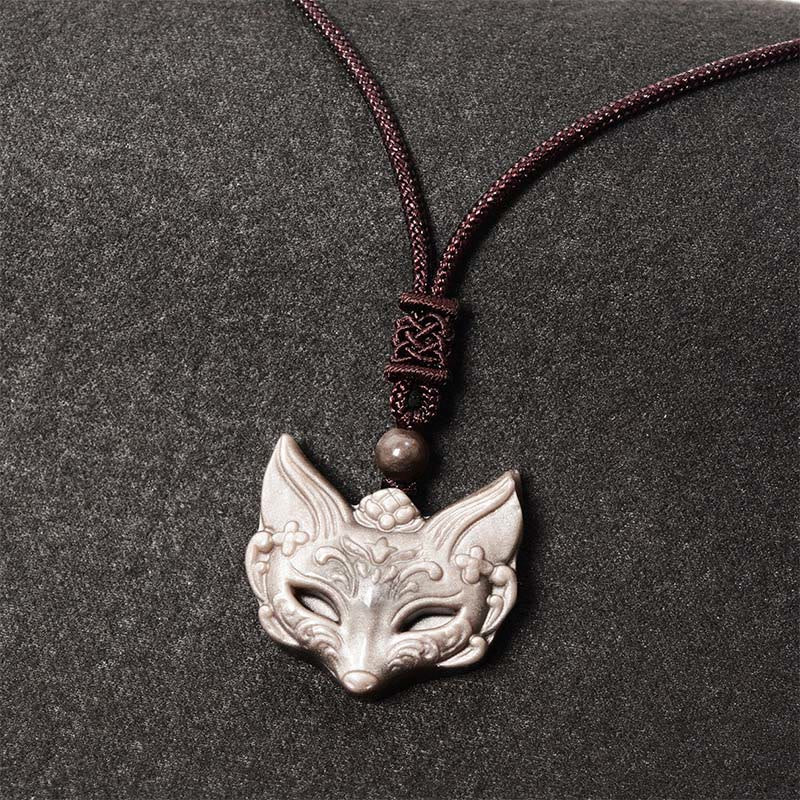 Buddha Stones Relief Fox Design Silver Sheen Obsidian Ice Obsidian Protection Necklace Pendant - image 0