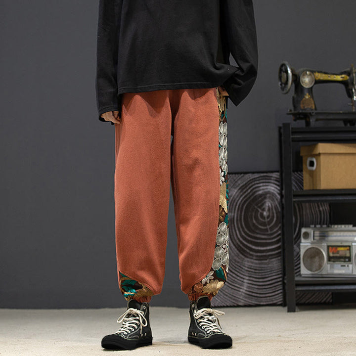 Buddha Stones Spring Men's Embroidered Flower Pattern Patchwork Cotton Pants With Pockets - image 6