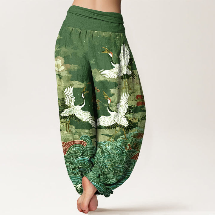Buddha Stones Cotton Classic Crane Waves Cloud Pattern Women's Elastic Waist Harem Pants - image 6