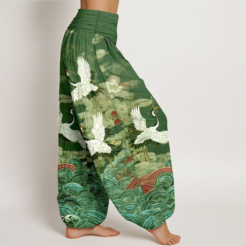 Buddha Stones Cotton Classic Crane Waves Cloud Pattern Women's Elastic Waist Harem Pants - image 7