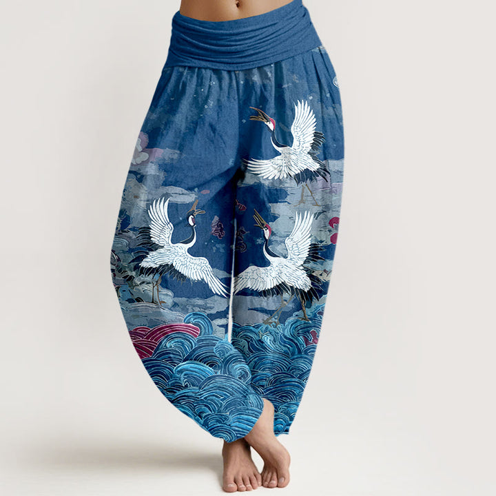 Buddha Stones Cotton Classic Crane Waves Cloud Pattern Women's Elastic Waist Harem Pants - RoyalBlue - US16，UK/AU20，EU48 (3XL) - image 8