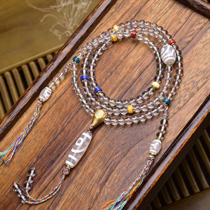 Buddha Stones 108 Beads Liuli Crystal Dzi Bead Agate Blessings Tassel Mala - White Dzi bead - 6mm - image 13