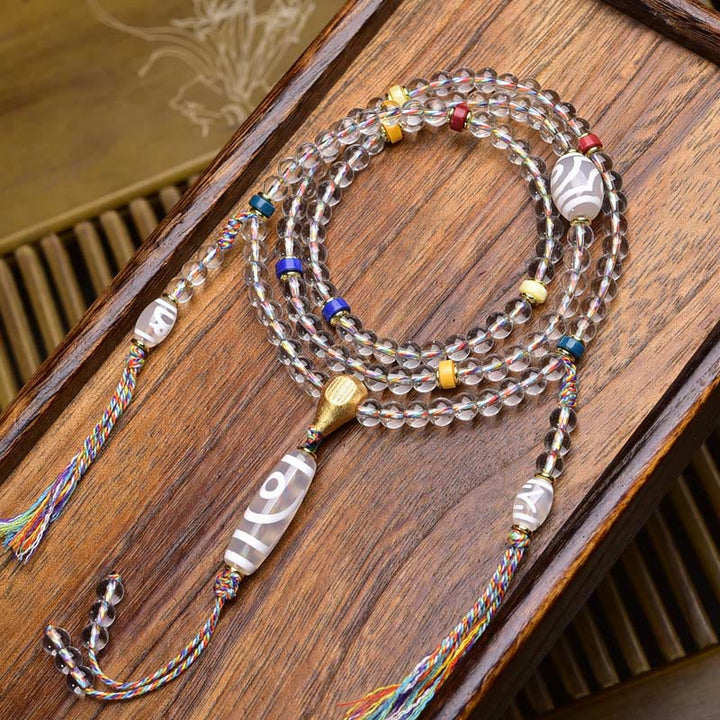 Buddha Stones 108 Beads Liuli Crystal Dzi Bead Agate Blessings Tassel Mala - White Dzi bead - 6mm - image 13