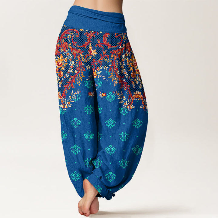 Buddha Stones Cotton Symmetrical Leaf  Scroll Pattern Women's Elastic Waist Harem Pants - image 1