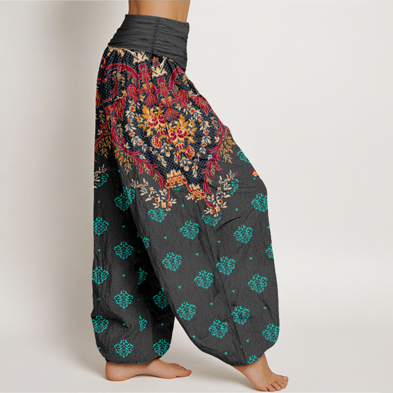 Buddha Stones Cotton Symmetrical Leaf  Scroll Pattern Women's Elastic Waist Harem Pants - image 7